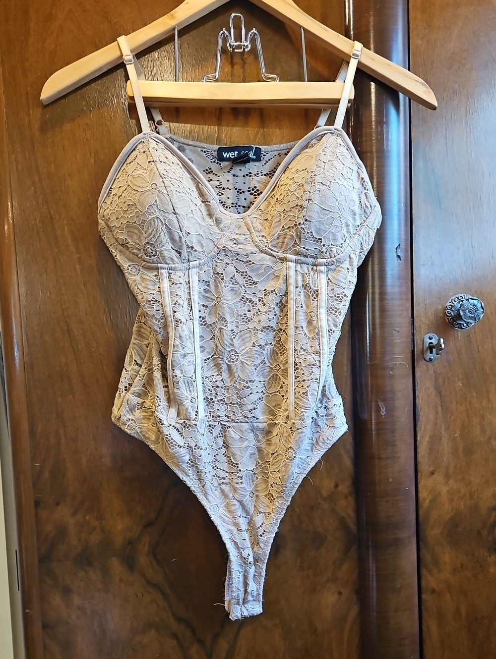 Women's Beige Lace Bodysuit - Size XL